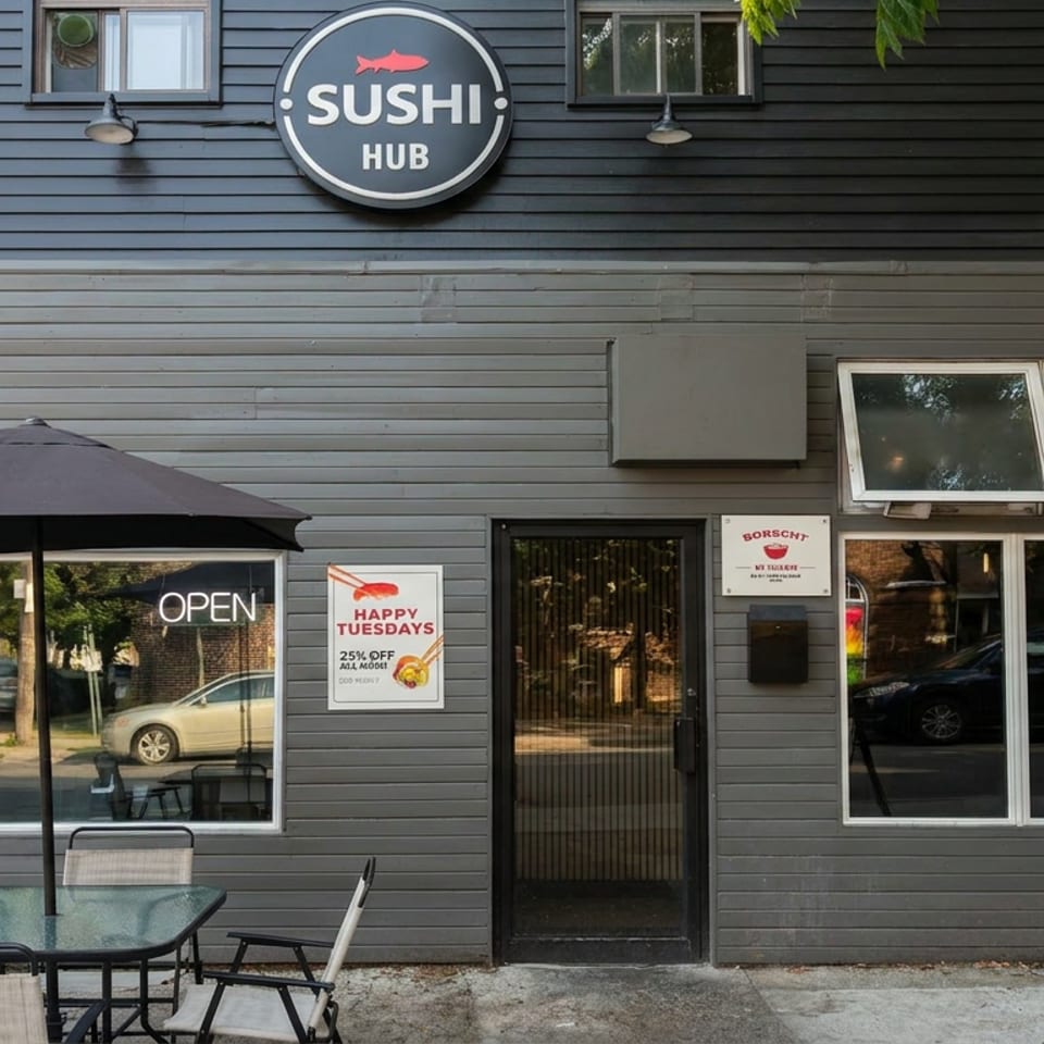Exterior of Sushi Hub restaurant with dark siding, round sign, outdoor patio table, umbrella, and chairs.
