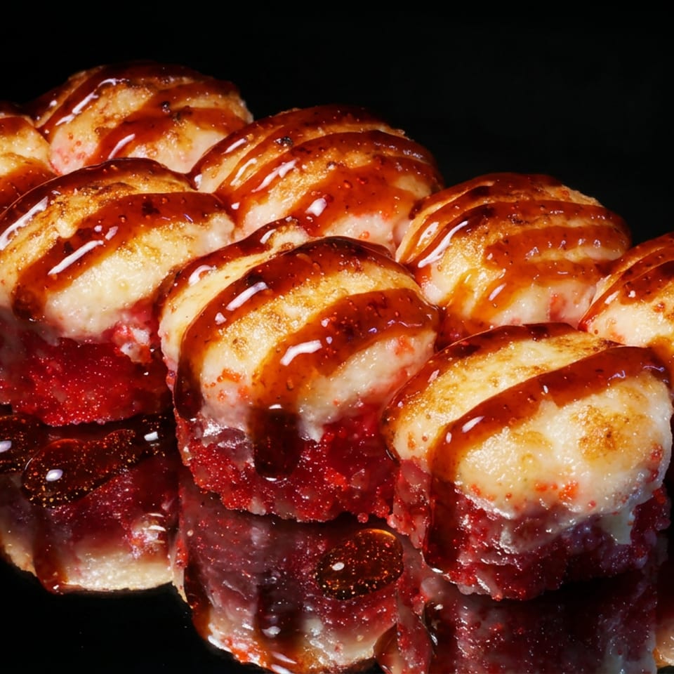Rows of glossy red sushi pieces topped with seared, golden seafood and drizzled sauce against a black background.