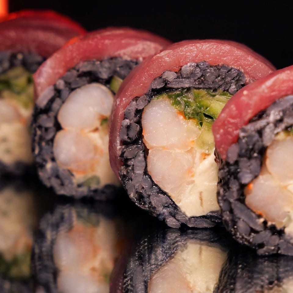 Close-up of sushi rolls with black rice, red toppings, seafood, avocado, and creamy filling on a dark reflective surface.