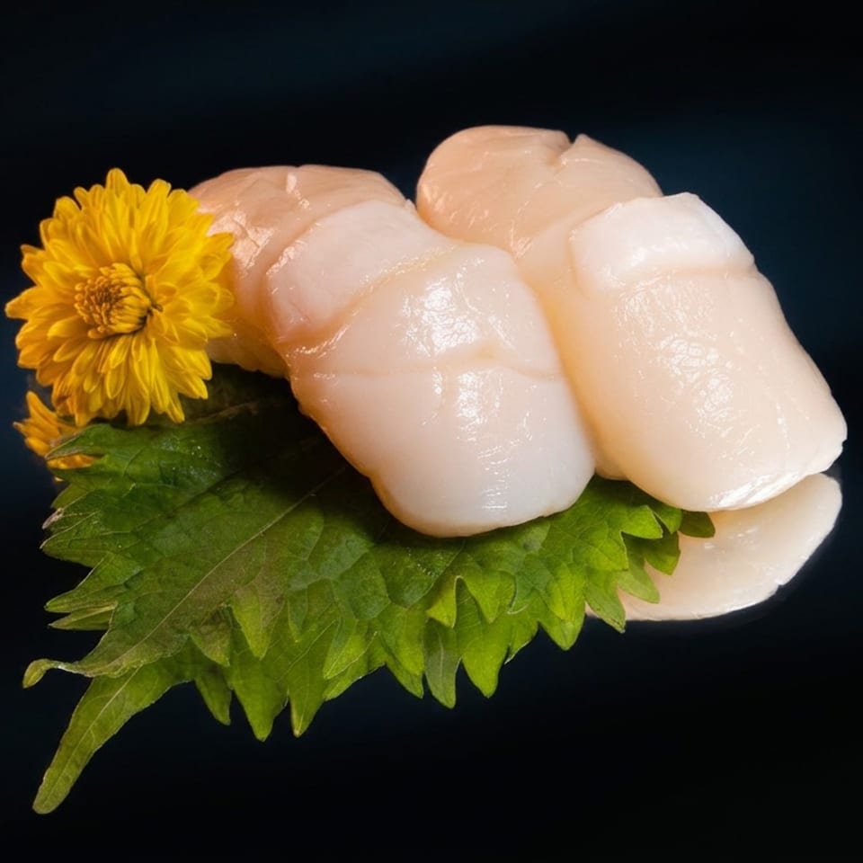 Three glossy scallops arranged on green leaves beside a bright yellow flower against a dark background.