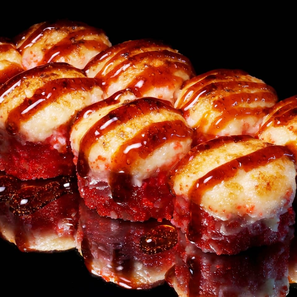 Rows of glossy red-and-cream bite-sized pastries topped with toasted, sauce-drizzled pieces against a black background.