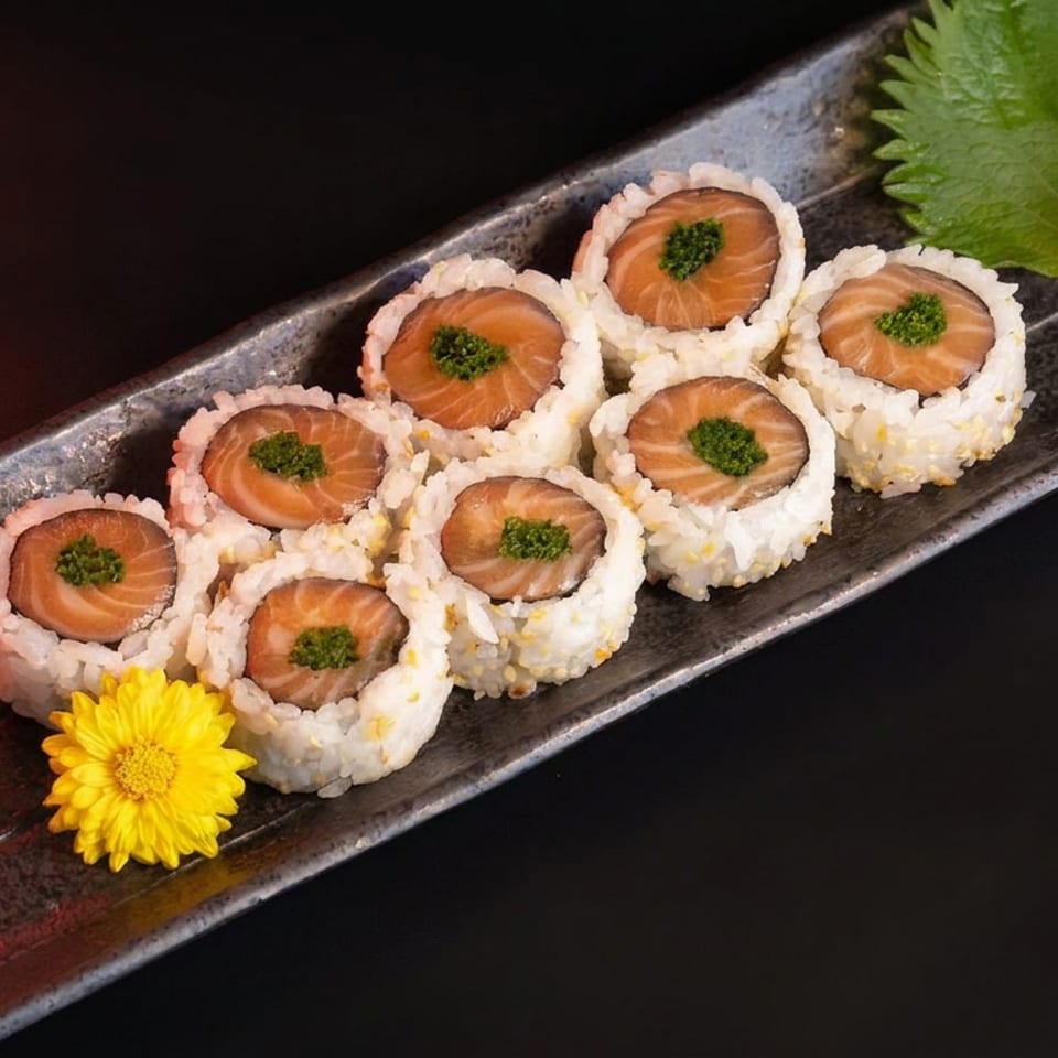 Seven salmon sushi rolls on a dark rectangular plate, garnished with parsley, shiso leaf, wasabi, and a yellow flower.