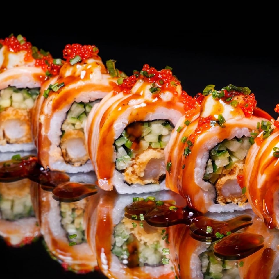 Rows of sushi rolls topped with salmon, orange roe, green onions, and sauce against a black background.